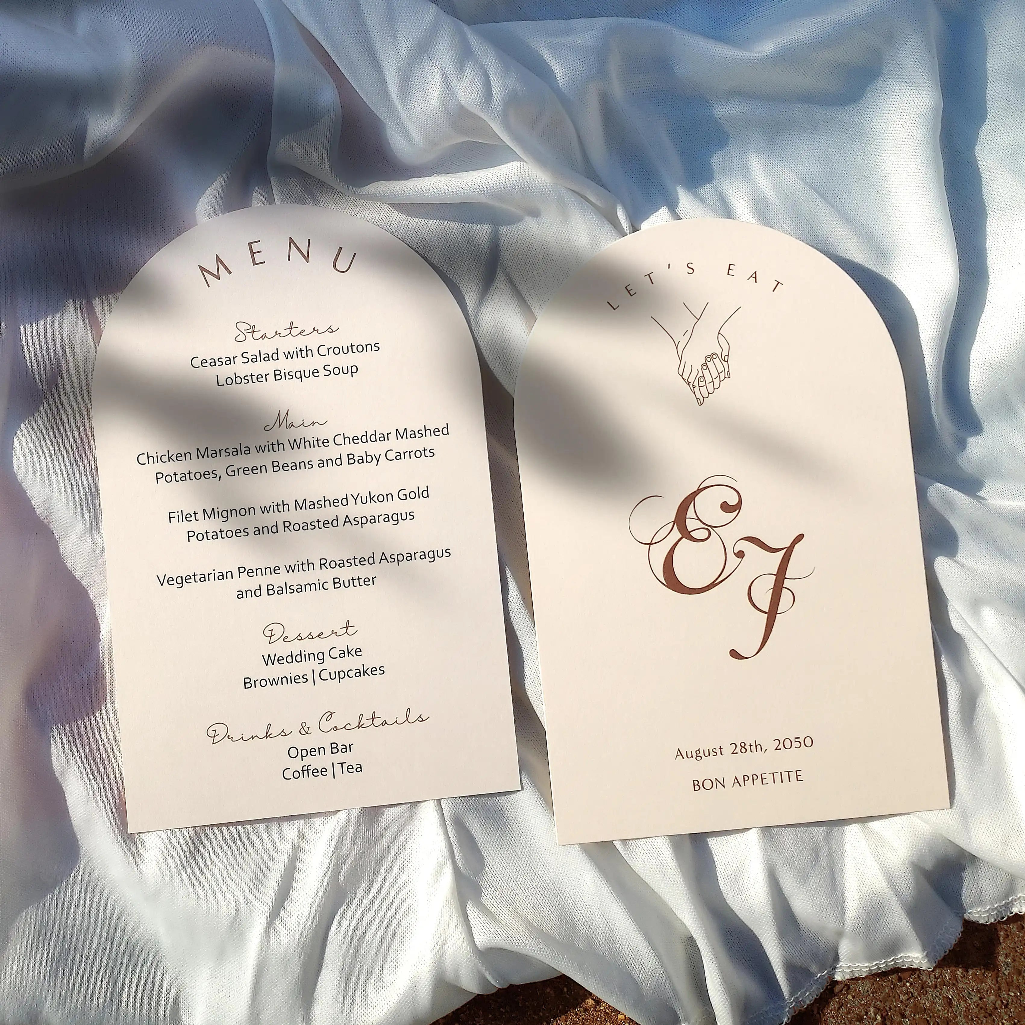 Buy Elegant Wedding Menu Card – Double-Sided Arch Card with Place Name | OddPlanPrint