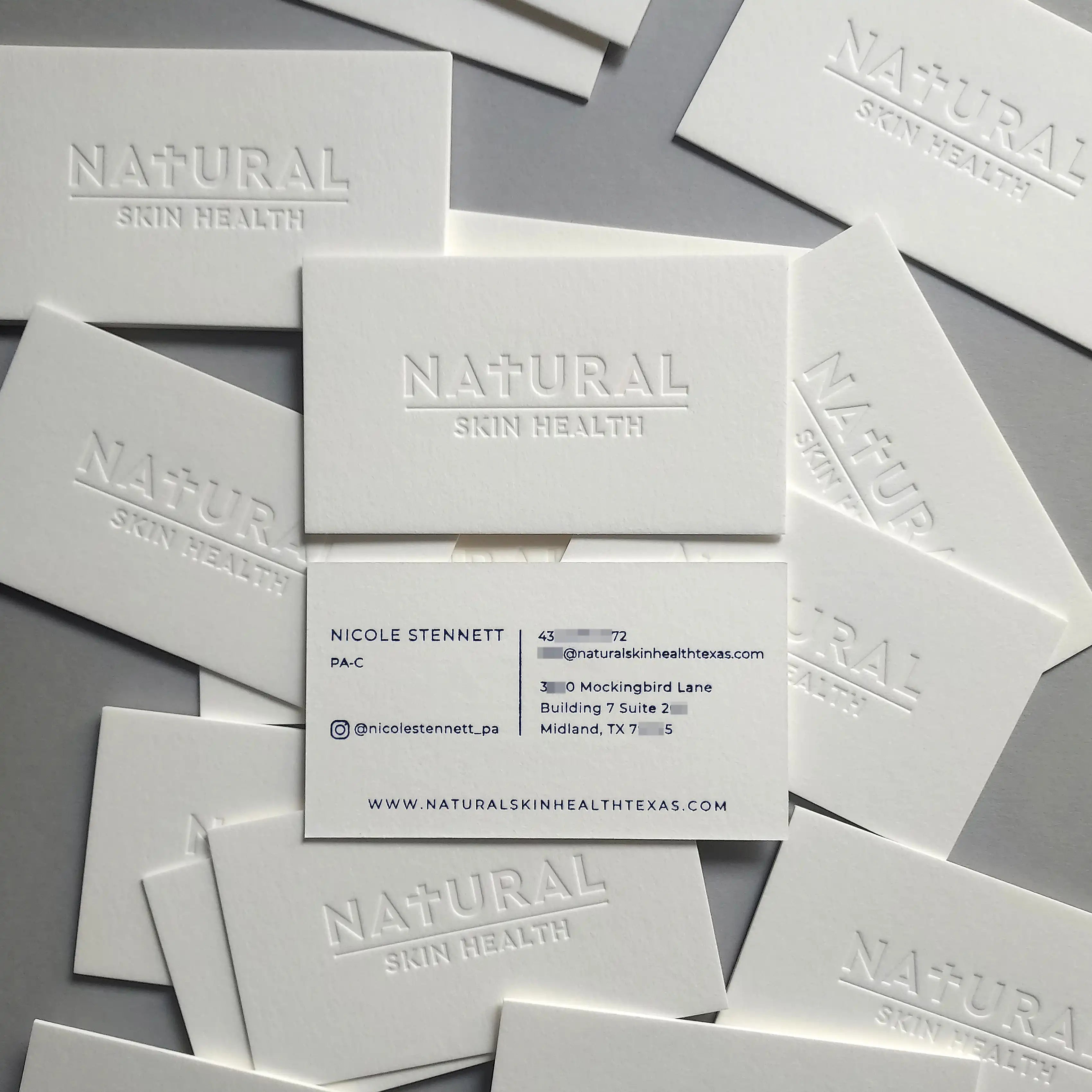 Buy Elegant Business Cards - cotton stock, deboss depth with blue foil highlight - OddPlanPrint