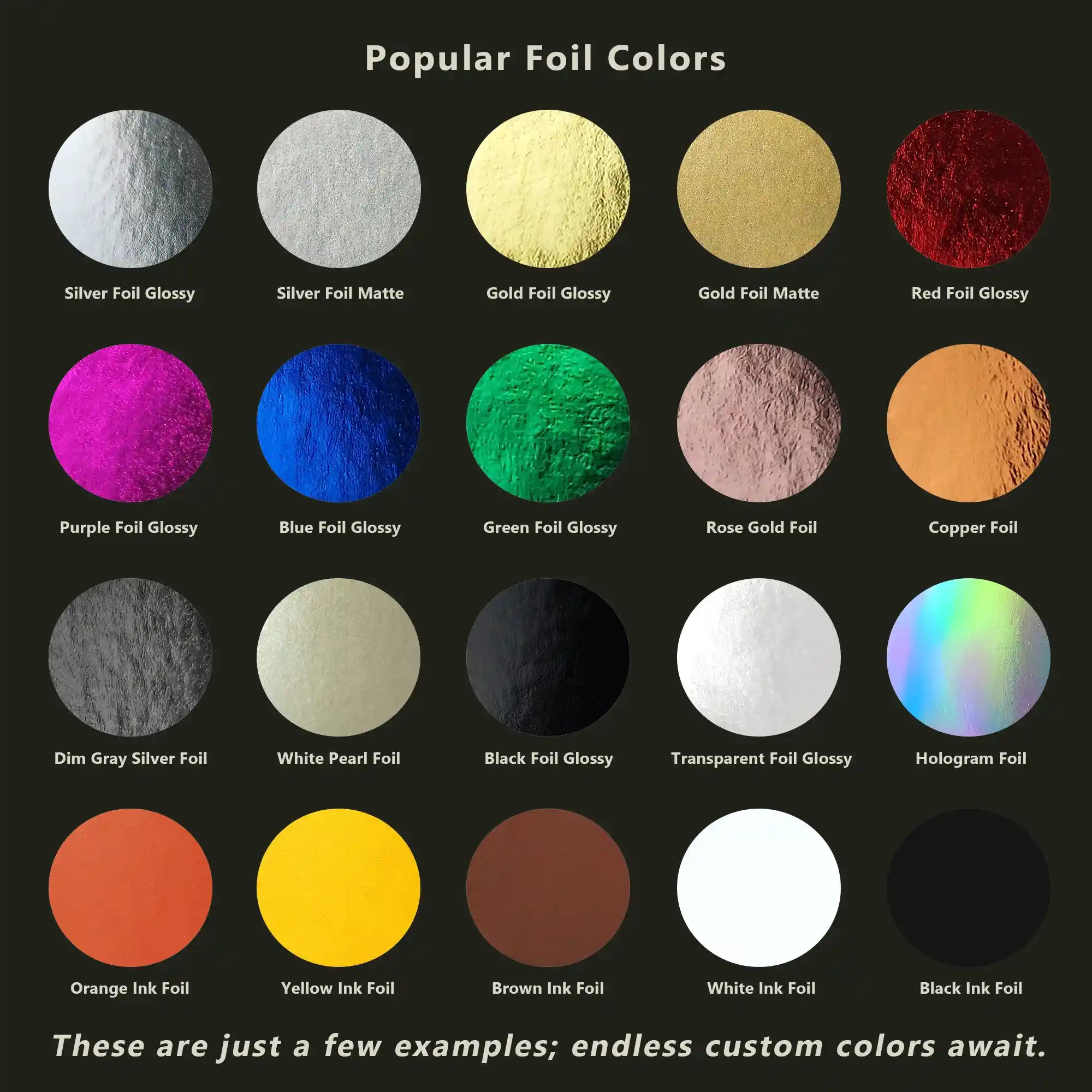 Foil color examples by OddPlanPrint, showcasing top choices with custom availability.
