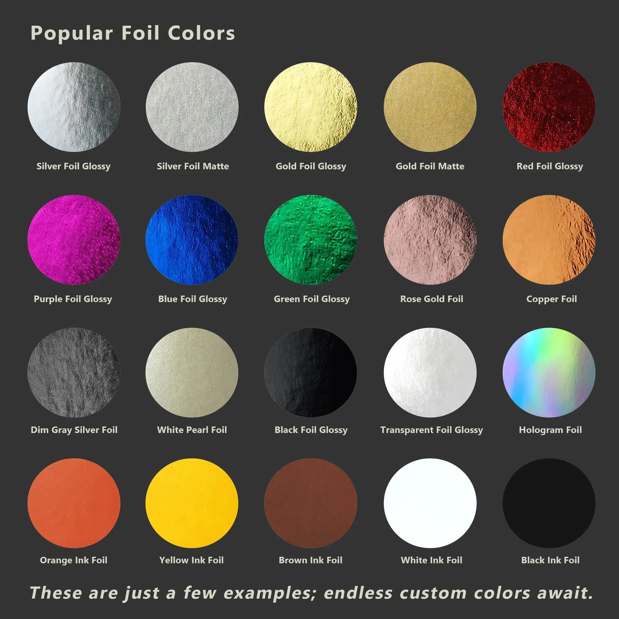 OddPlanPrint collection of popular foil colors, customizable beyond shown samples.