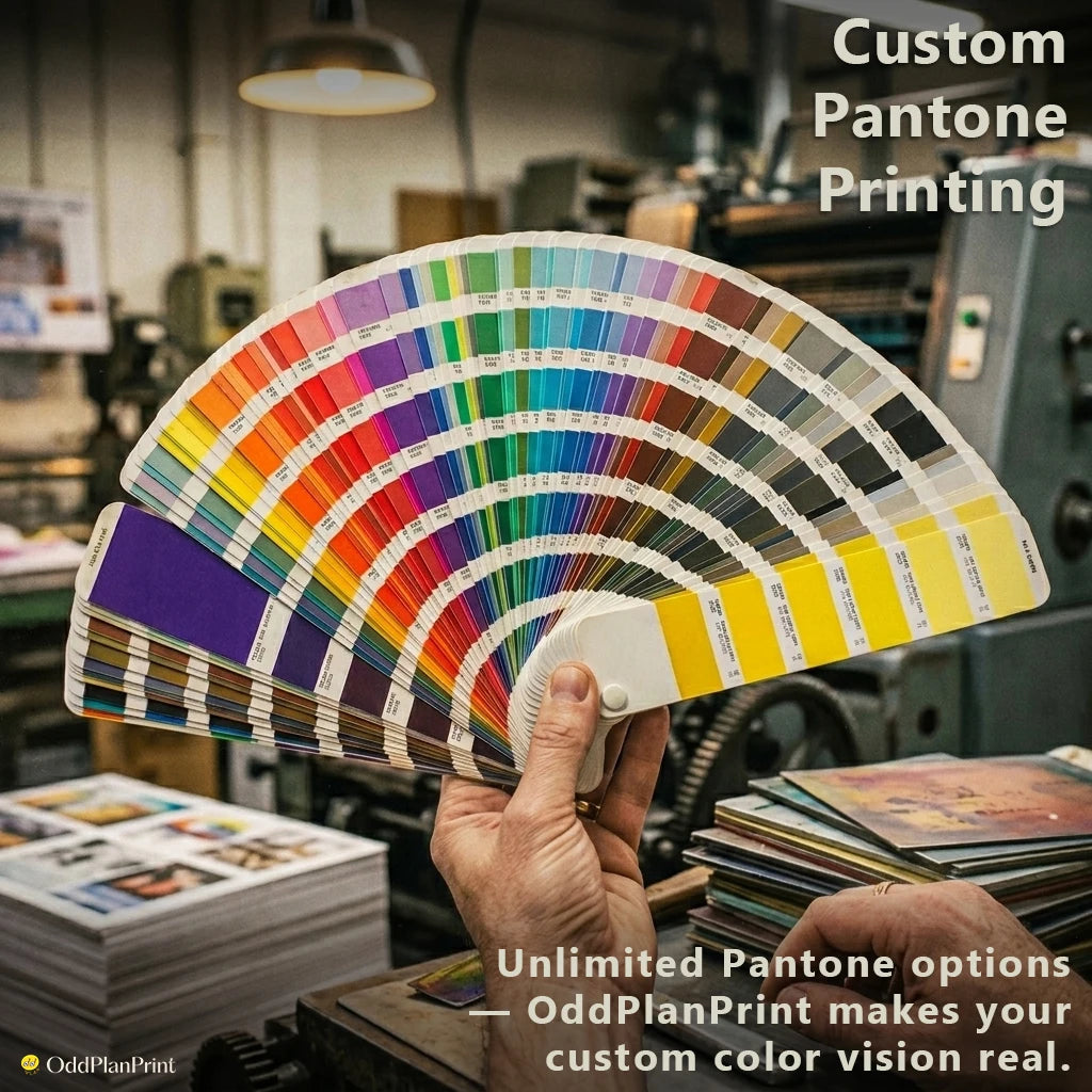 OddPlanPrint presentation of Pantone color examples, illustrating diverse and customizable printing choices.