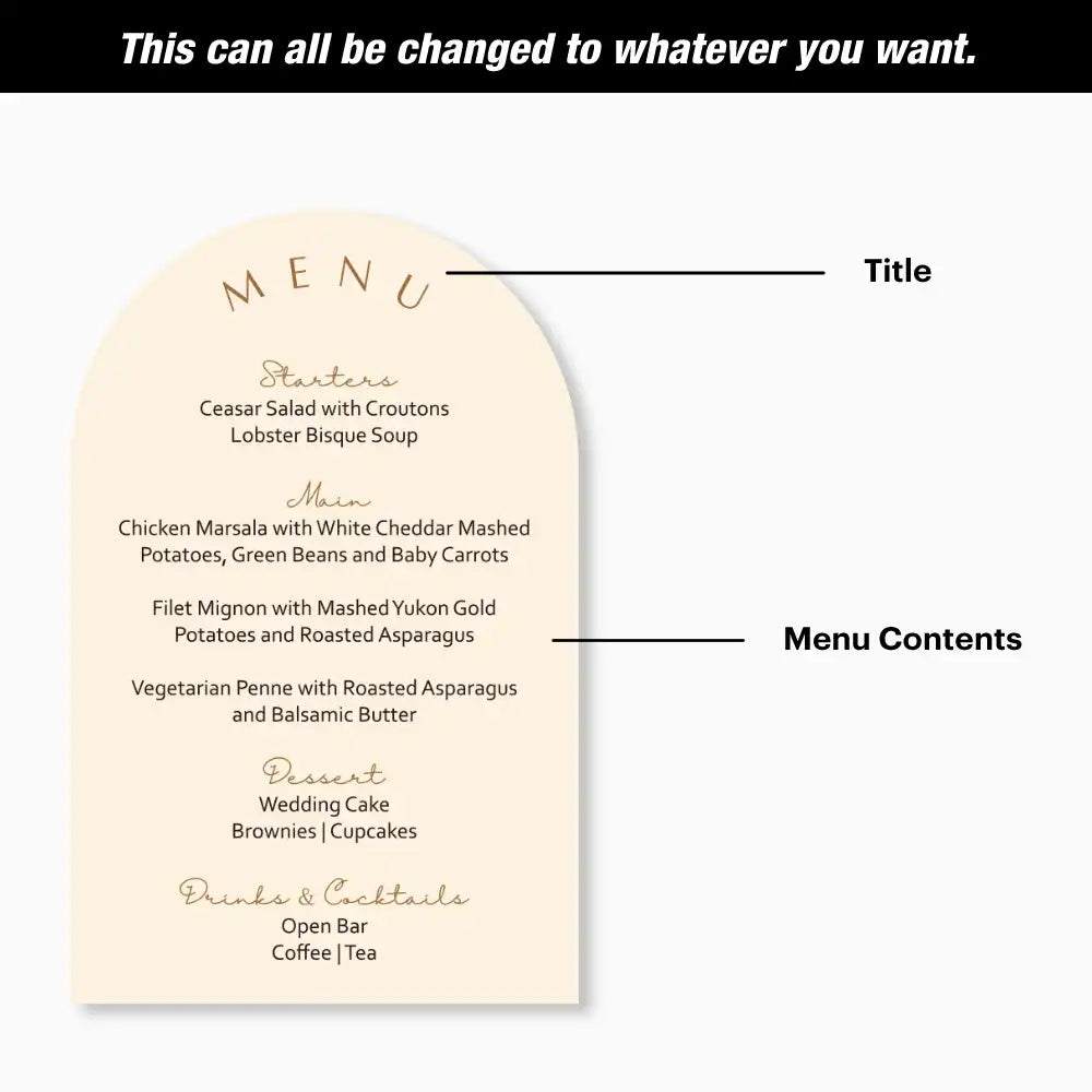 Buy Personalized Wedding Menu Card – Custom Arch Layout & Fonts | OddPlanPrint