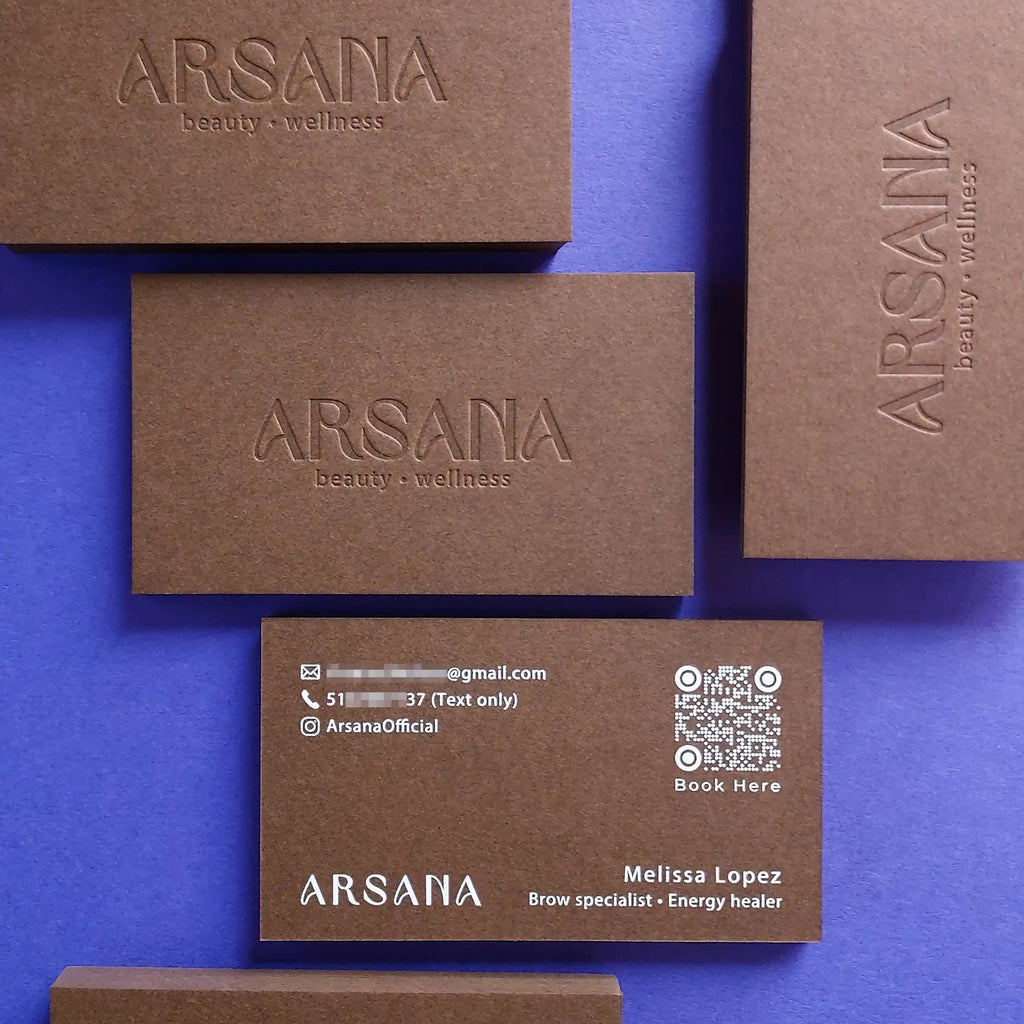 Brown business cards featuring blind deboss and bright white foil on 30pt(540gsm) by OddPlanPrint.
