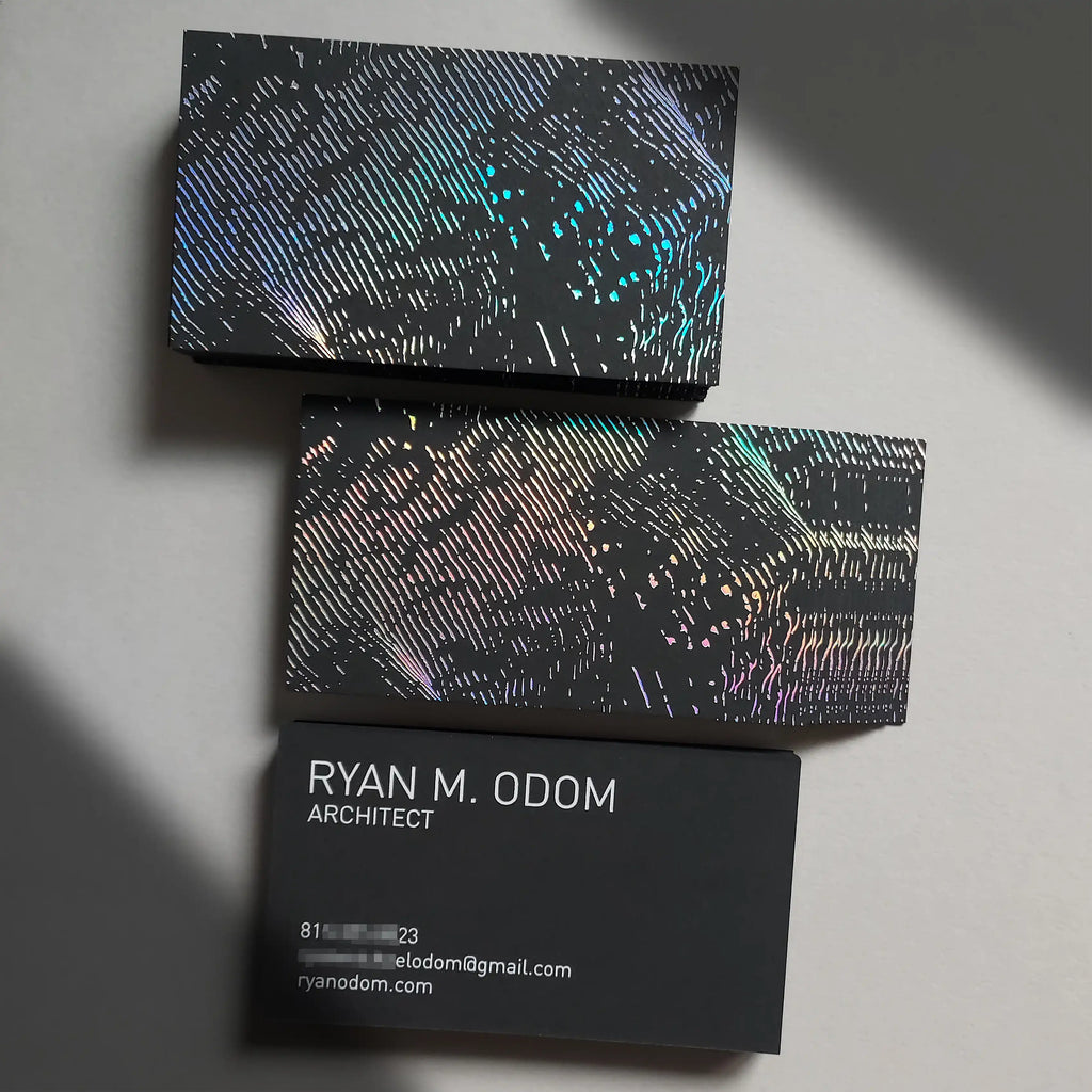 38pt black business card full view with hologram foil highlights and white foil typography for clear contact details - OddPlanPrint
