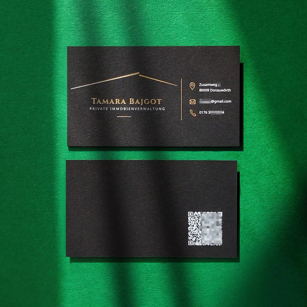 Black 38pt business cards with matte gold foil and white Vcards QR code by OddPlanPrint.
