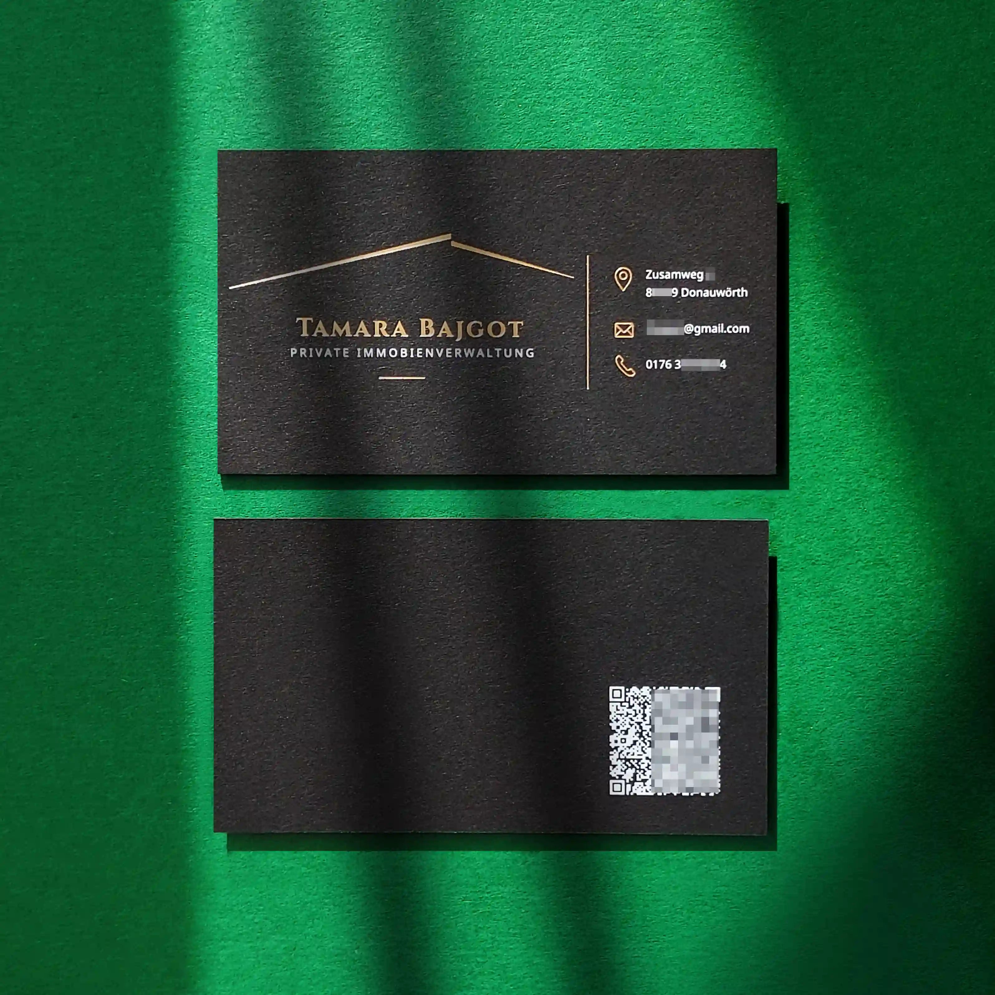 Black 38pt business cards with matte gold foil and white Vcards QR code by OddPlanPrint.