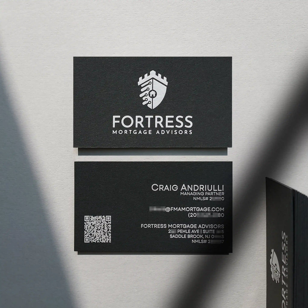 OddPlanPrint extra-thick 38pt black paper business cards with clean matte silver foil on front and back.