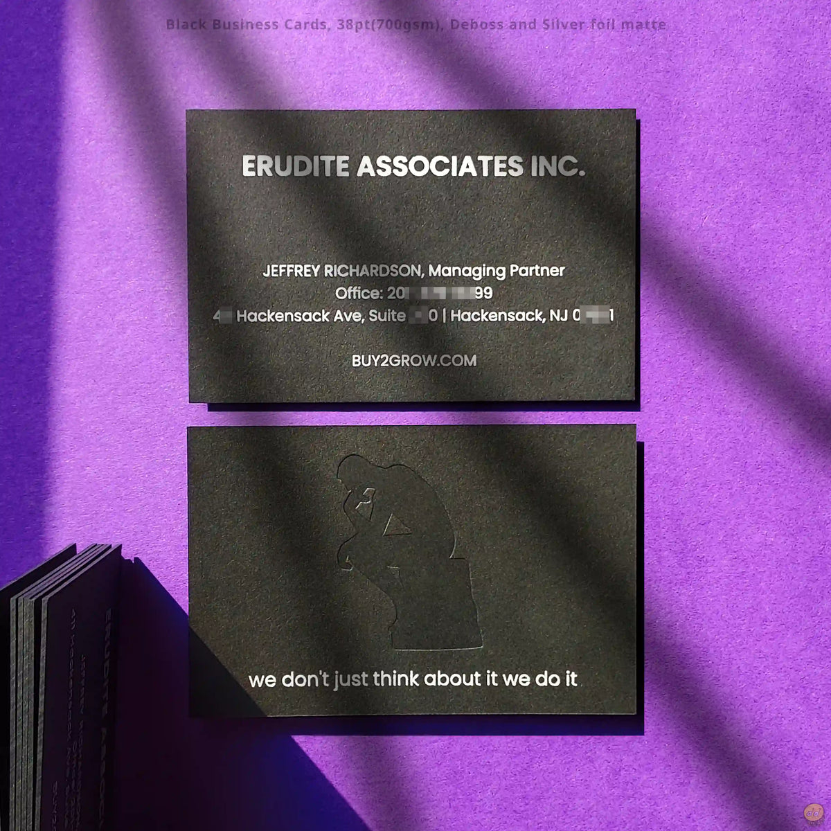 Quiet luxury meets matte silver foil in OddPlanPrint business cards with a recessed black logo.