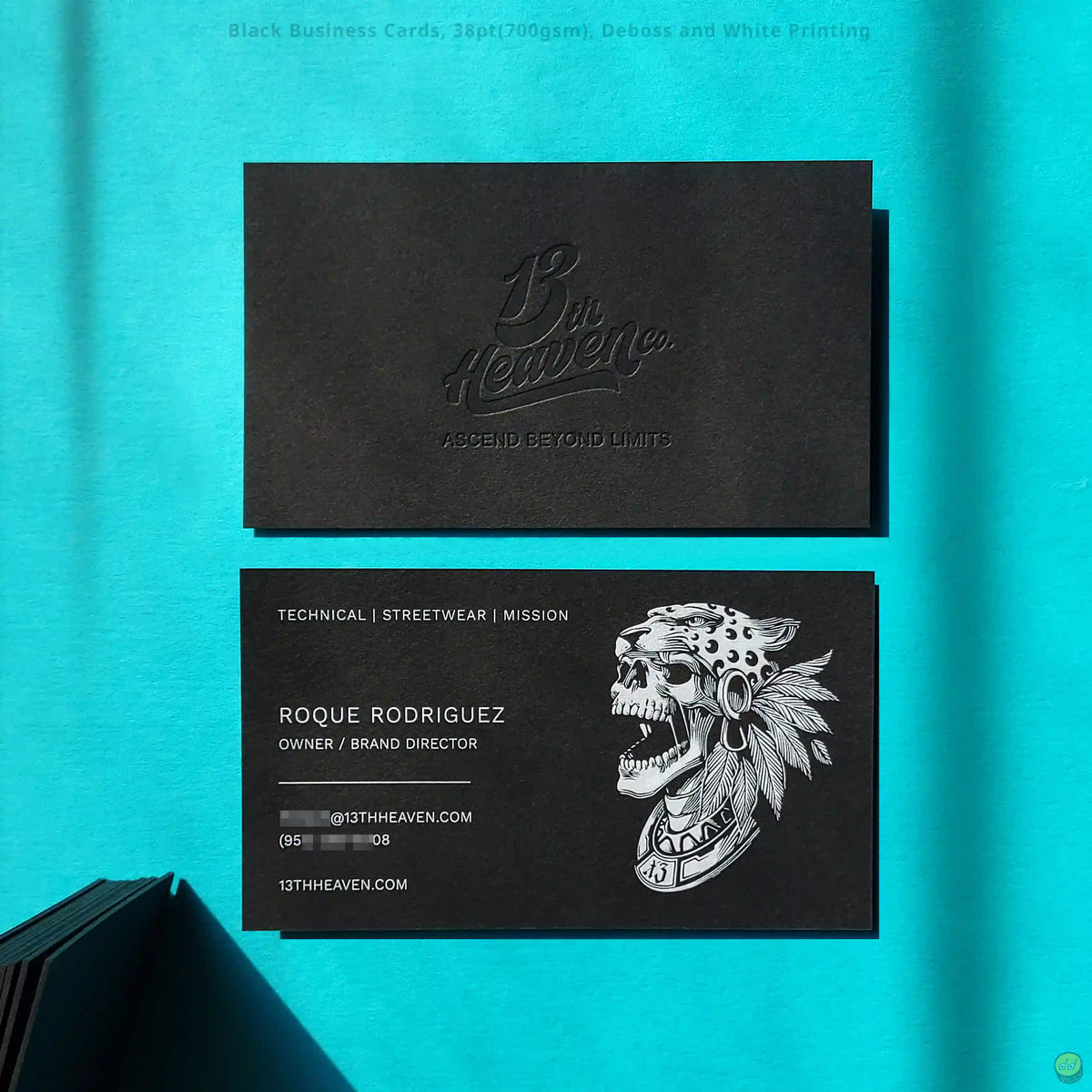 38pt black business cards with white printing and deboss by OddPlanPrint.
