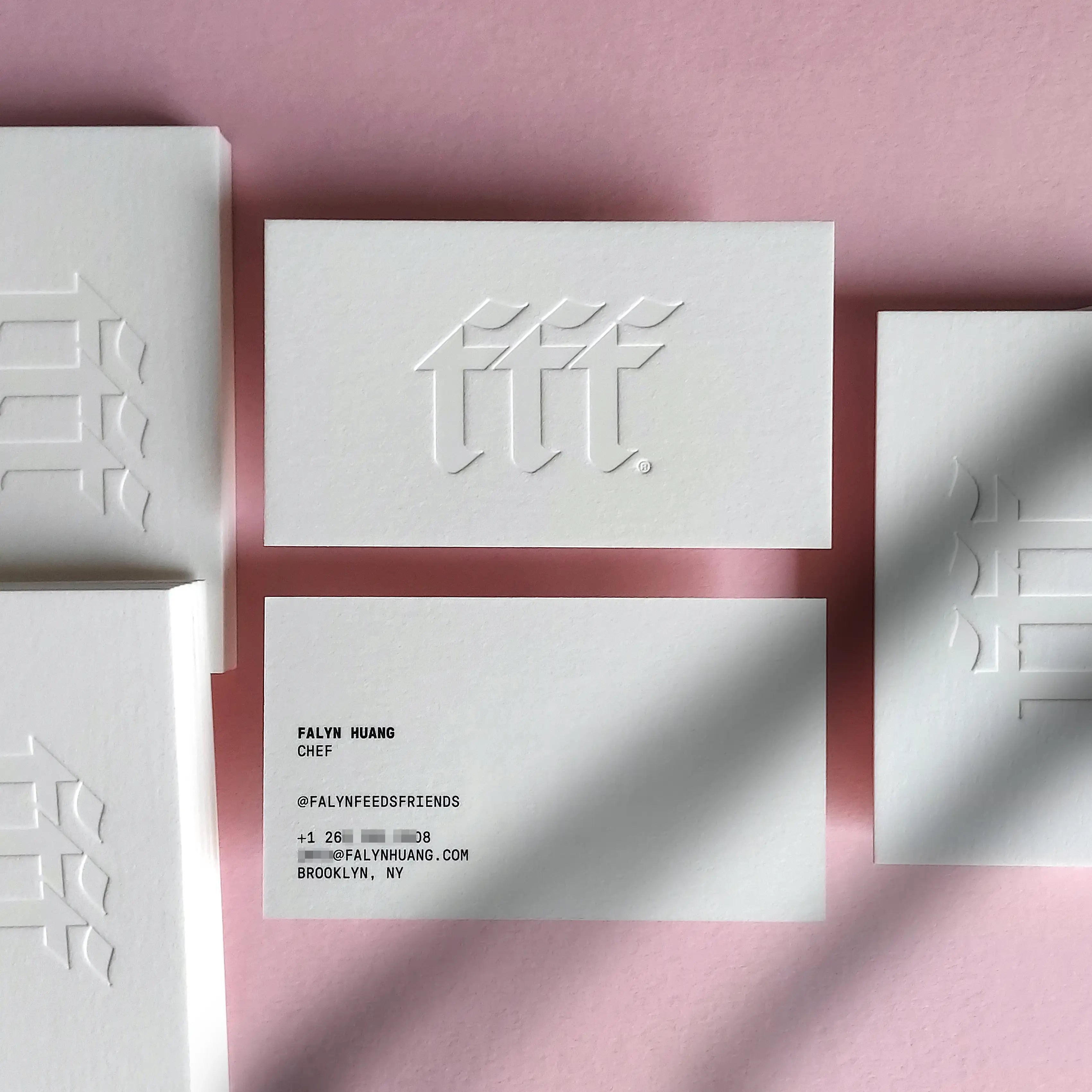 Premium 45pt blind letterpress business cards by OddPlanPrint featuring tactile un-inked debossing and black crisp printing on 750gsm cotton.