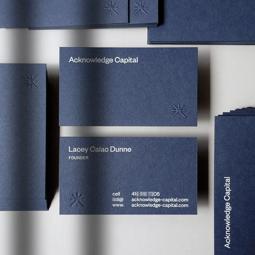 Blue business cards 30pt emboss white foil OddPlanPrint - premium Colorplan blue stock with raised emboss and white foil stamping.