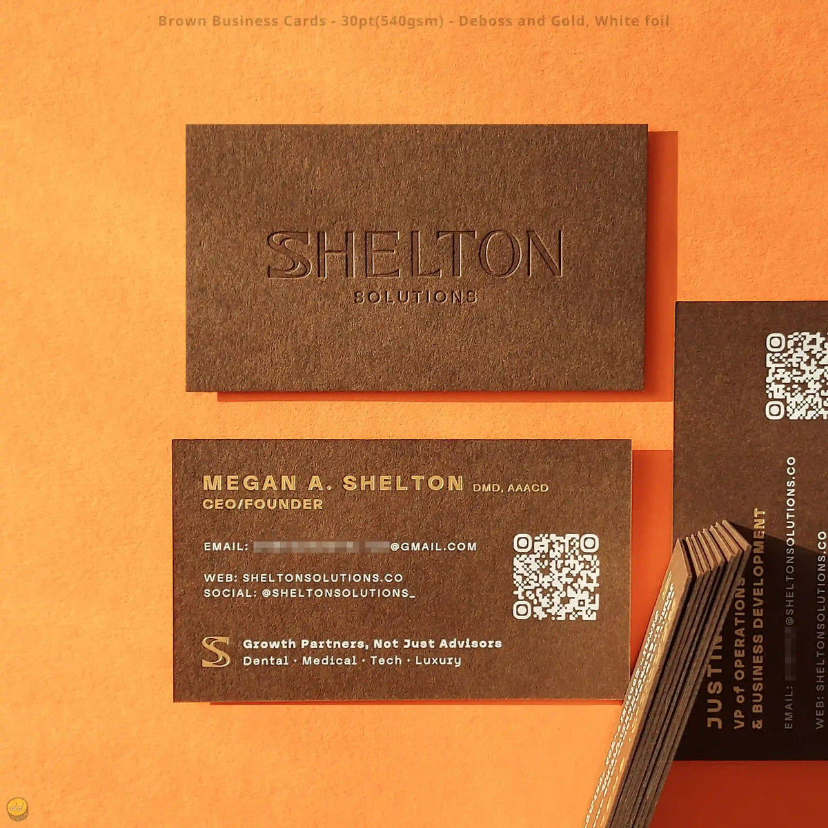 Debossed Brown business cards with gold and white foil by OddPlanPrint.