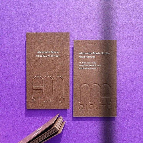 Brown business cards 30pt 540gsm embossed with Pantone printing by OddPlanPrint.