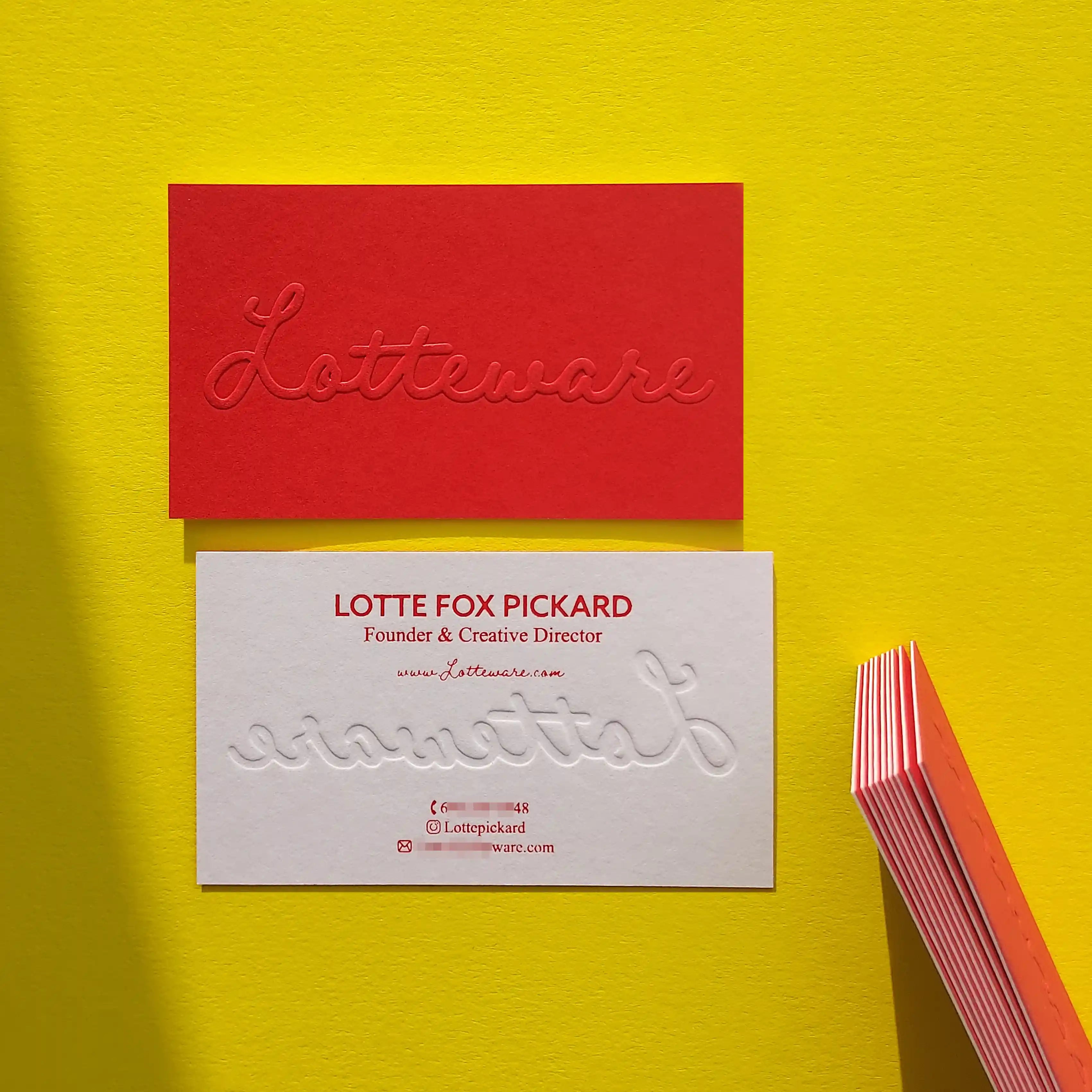 Colorplan Bright Red, White Frost Duplex Business Cards - 38pt(700gsm) - Emboss and Red foil by OddPlanPrint.