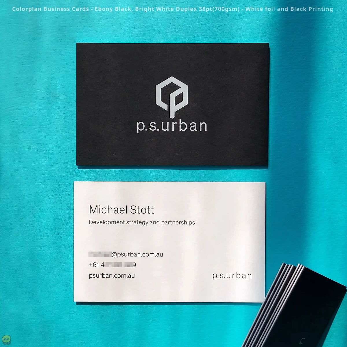 Duplex Colorplan business cards in ebony black and bright white with white foil by OddPlanPrint.