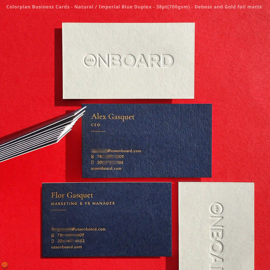 Two-tone business cards combine Natural, Imperial Blue Colorplan with deboss and matte gold foil. from by OddPlanPrint.