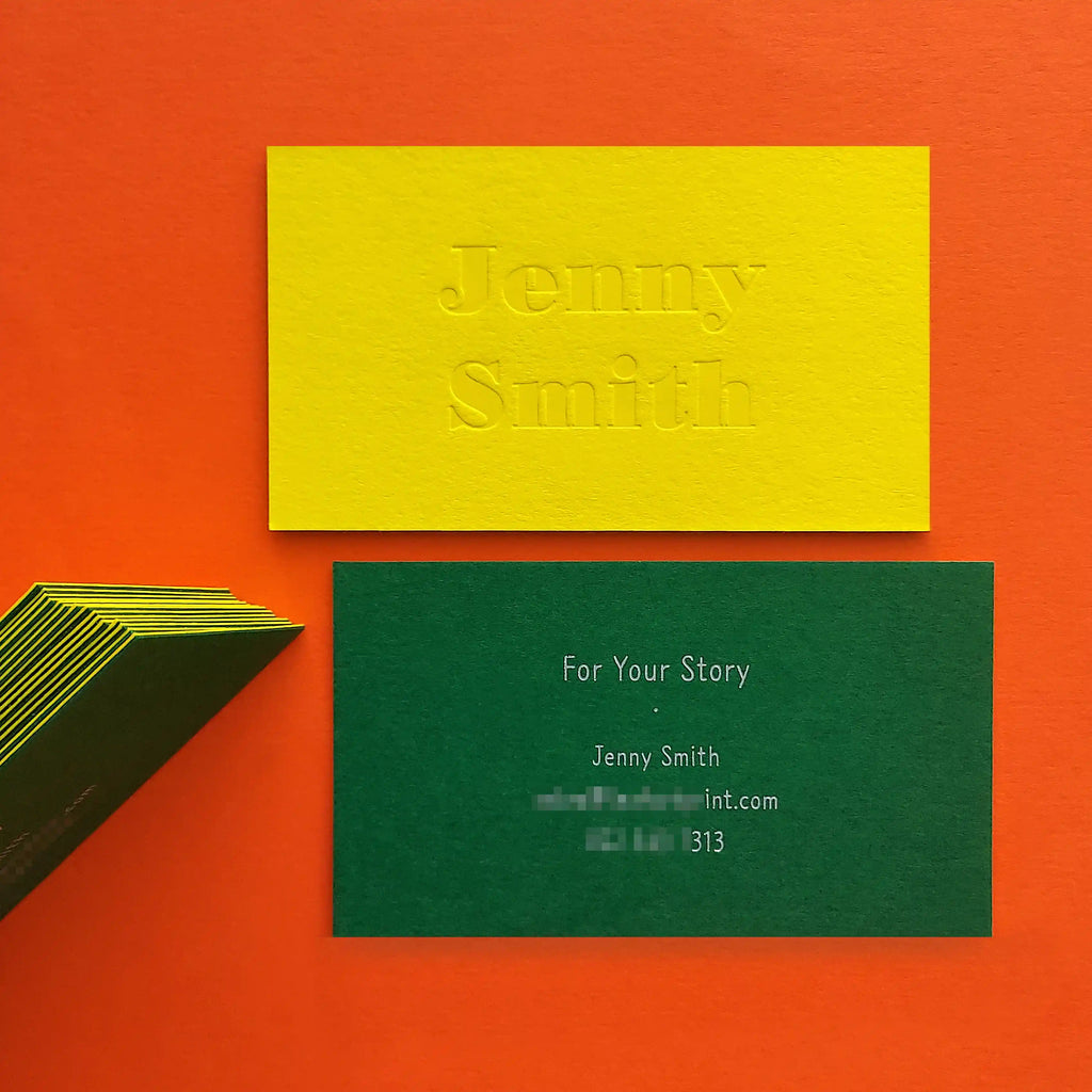 Colorplan Factory Yellow, Forest Duplex Business Cards - 38pt(700gsm) - Deboss and Silver foil matte by OddPlanPrint.