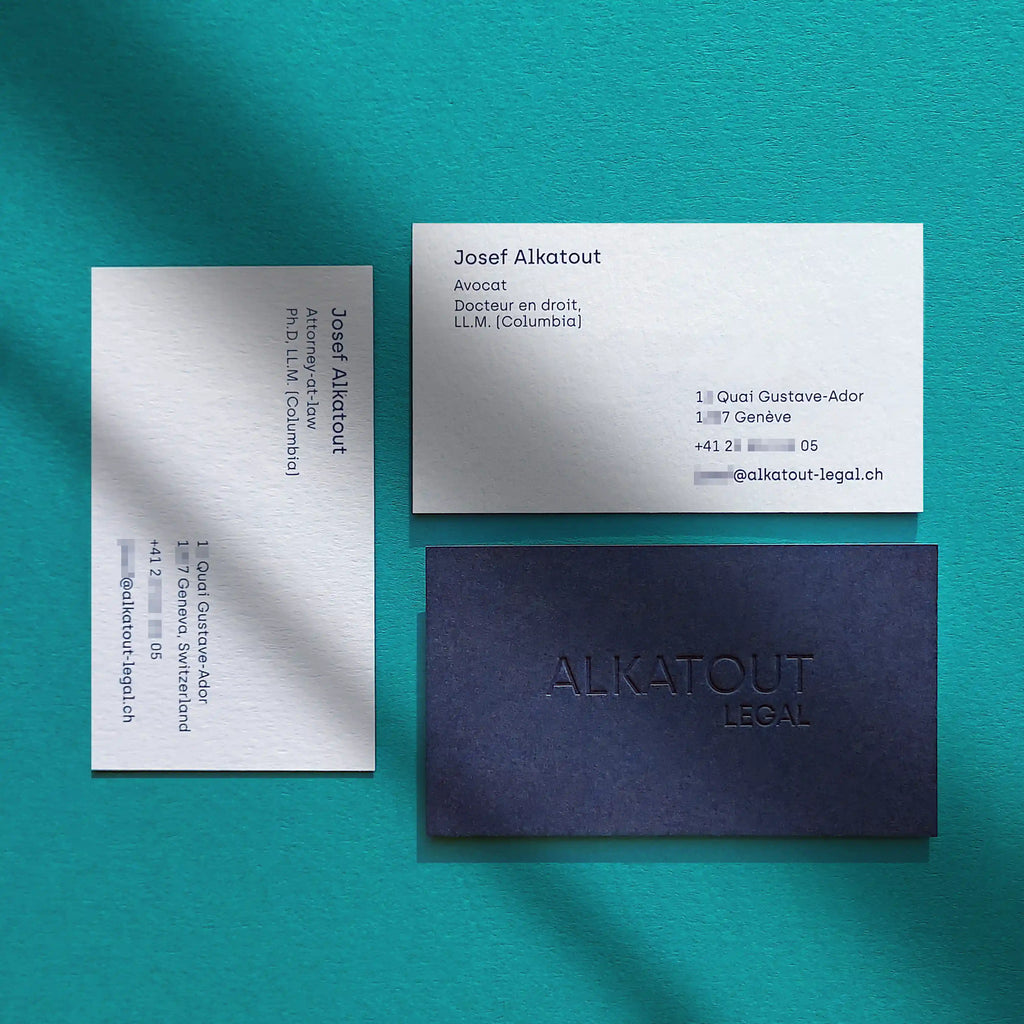 Colorplan imperial blue, white frost duplex business cards 30pt debossed with Pantone by OddPlanPrint.