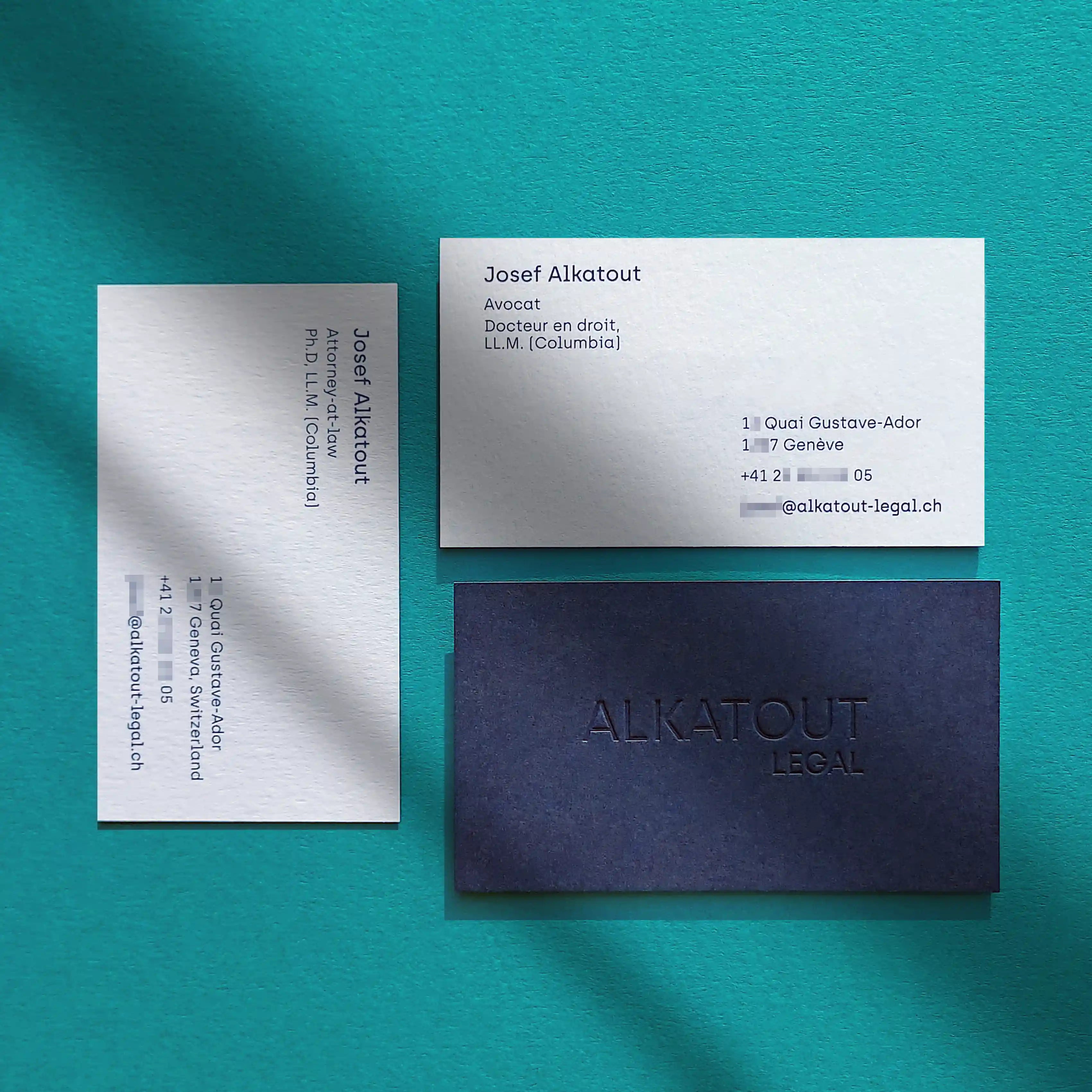 Colorplan imperial blue, white frost duplex business cards 30pt debossed with Pantone by OddPlanPrint.