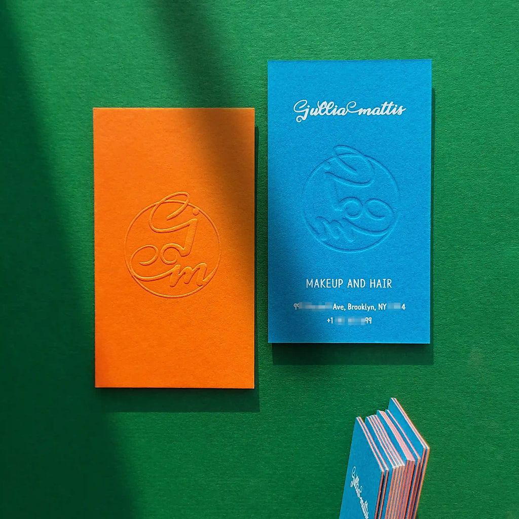 Colorplan Mandarin, Tabriz Blue Duplex Business Cards - 38pt(700gsm) - Emboss and White foil by OddPlanPrint.