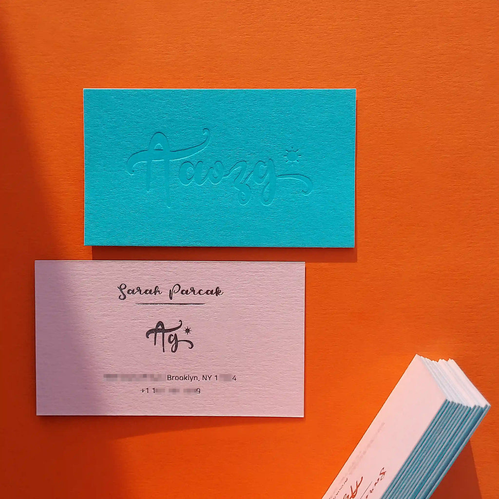 Colorplan Turquoise, Candy Pink Duplex Business Cards - 38pt(700gsm) - Deboss and Silver foil by OddPlanPrint.