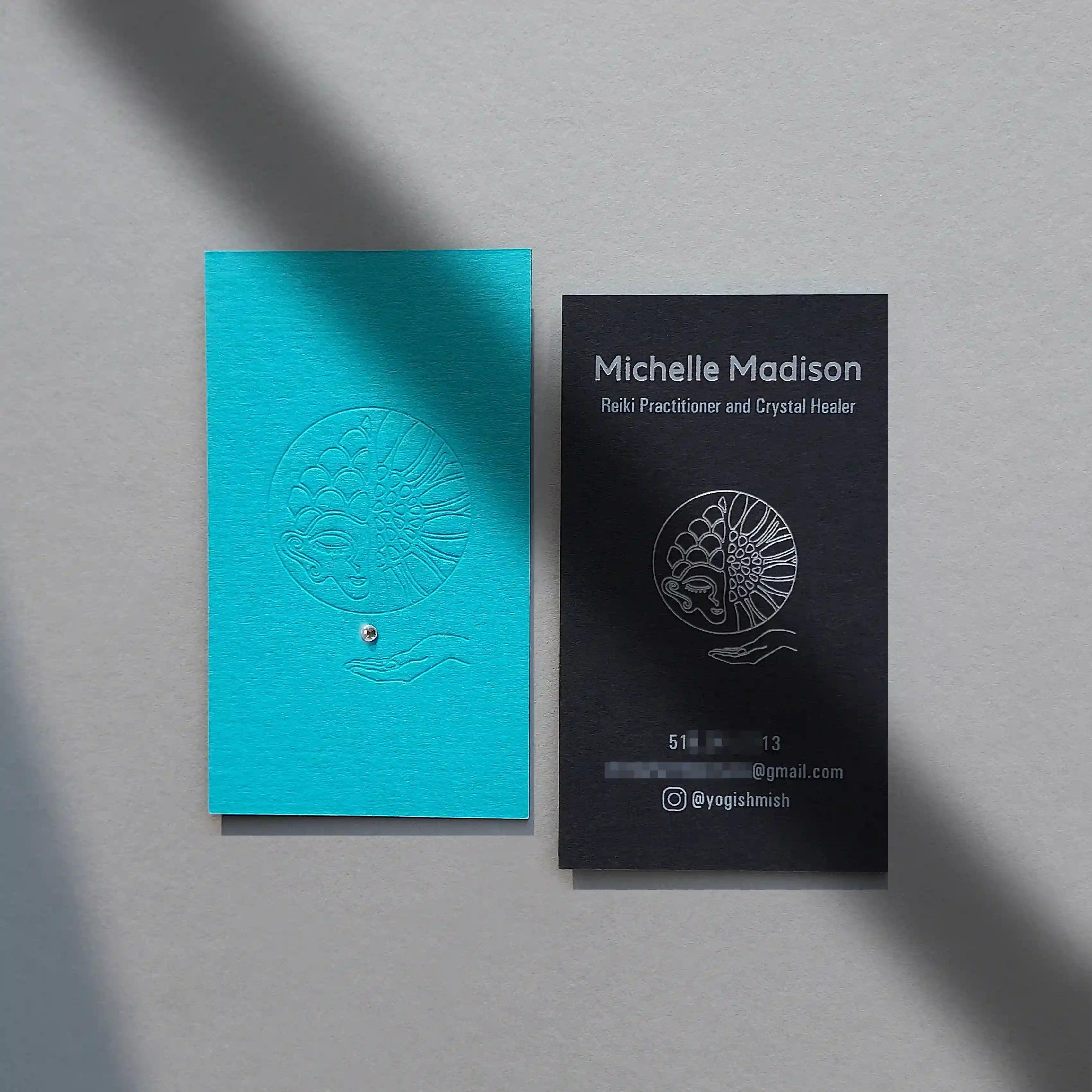 Colorplan Turquoise, Ebony Black Duplex Business Cards - 38pt(700gsm) - Deboss and Silver foil with Swarovski by OddPlanPrint.