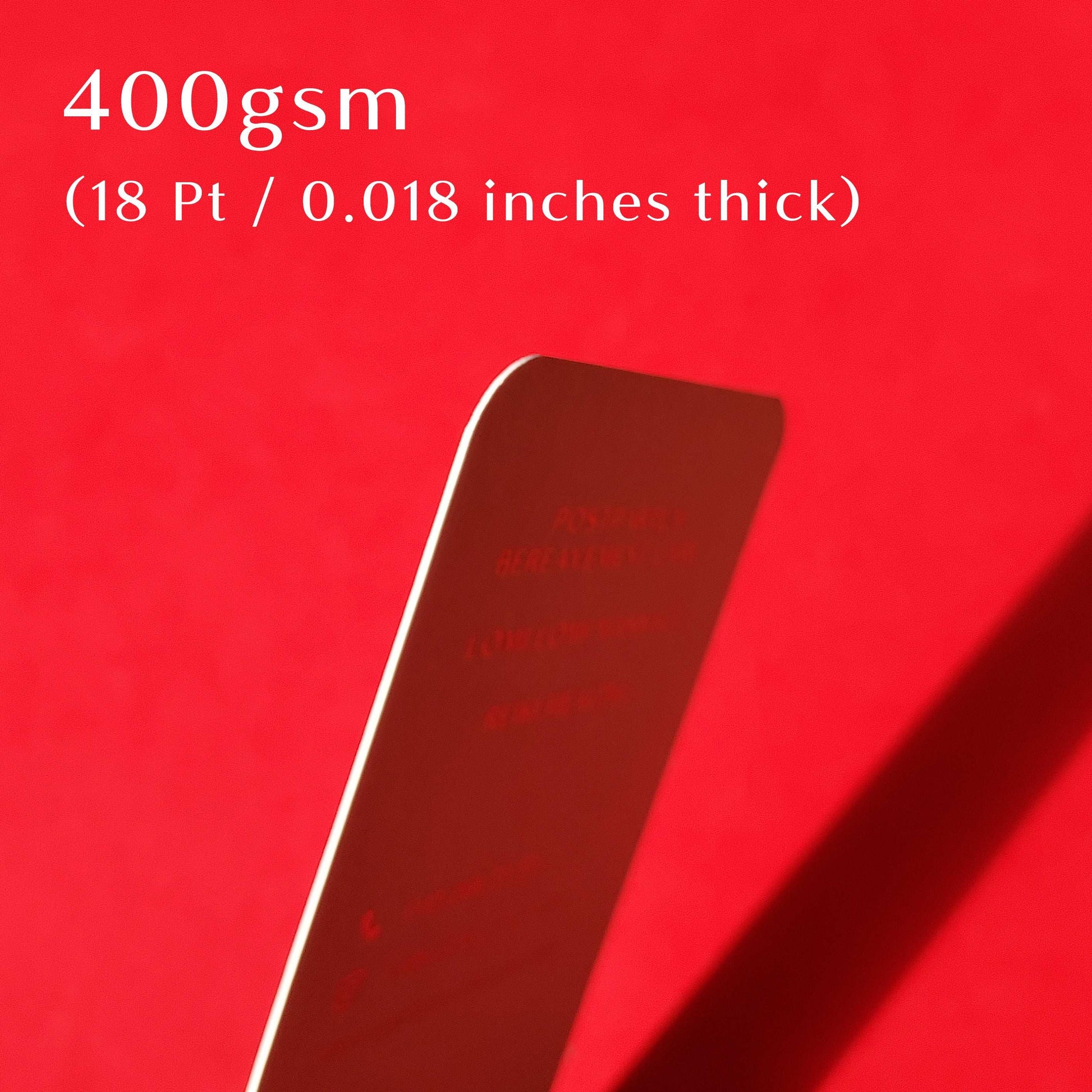 Affordable 400gsm card with foil details and rounded corners.