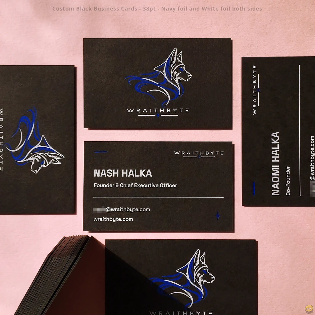 Black business cards with navy foil and white foil both sides by OddPlanPrint.