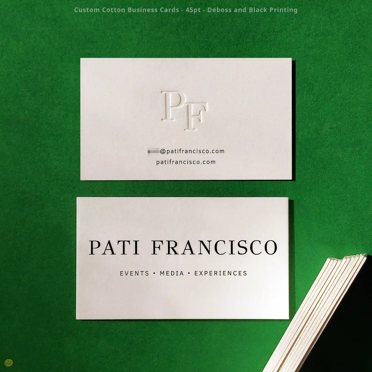 45pt cotton business cards with deboss and black printing by OddPlanPrint.