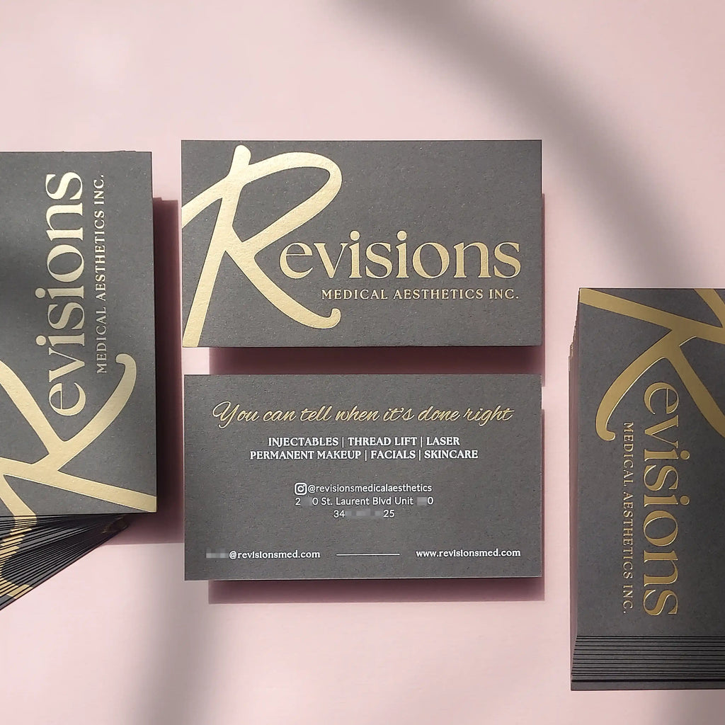 Dark grey business cards matte gold foil white foil custom branding luxury stationery produced by OddPlanPrint.