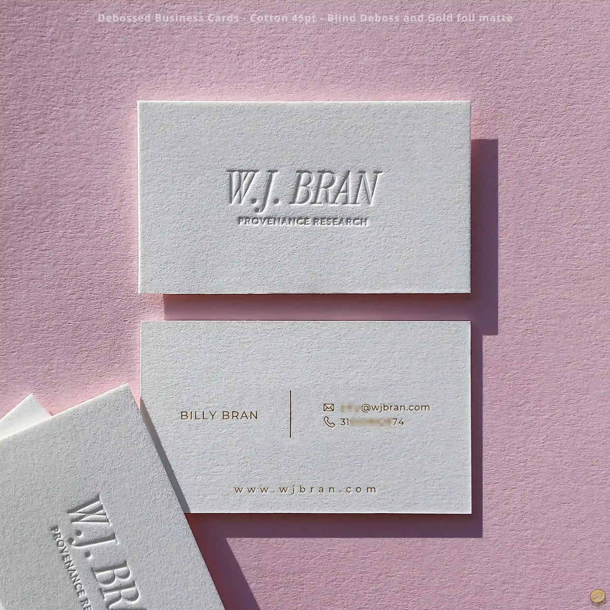 Tactile business cards feature blind deboss and gold foil on 45pt cotton. by OddPlanPrint.