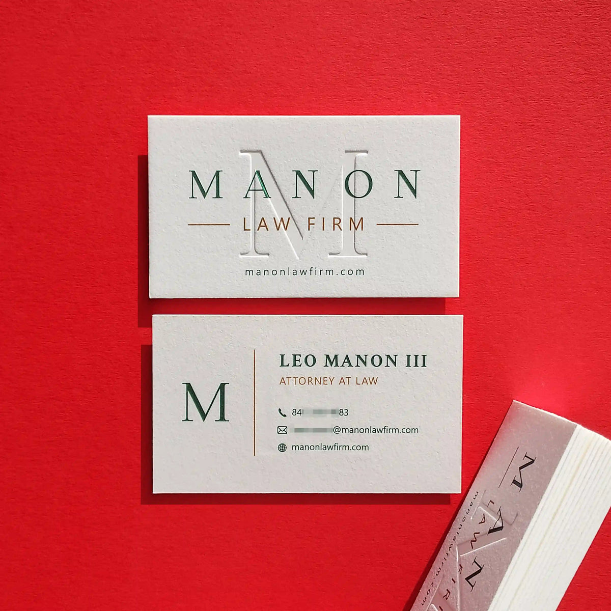Cotton 45pt Debossed business cards with forest green and gold Pantone by OddPlanPrint.