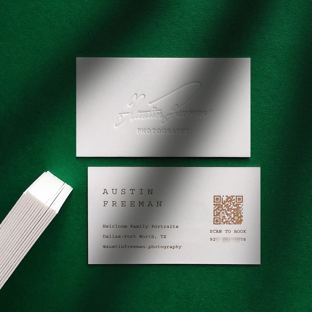 Cotton 45pt Debossed business cards with matte gold foil by OddPlanPrint.
