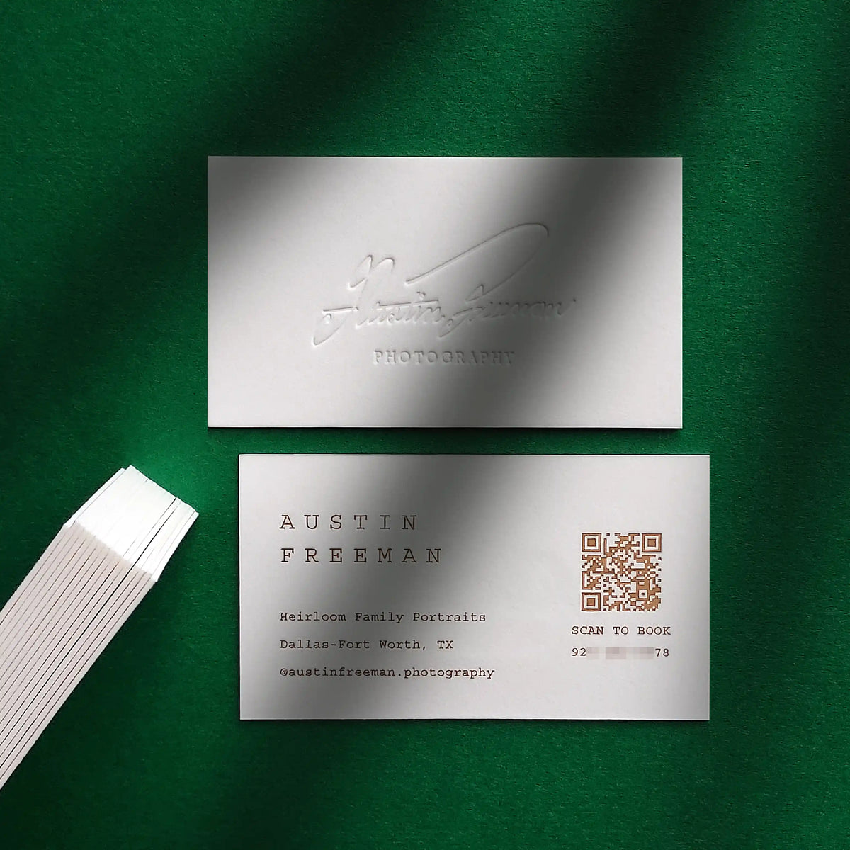 Cotton 45pt Debossed business cards with matte gold foil by OddPlanPrint.