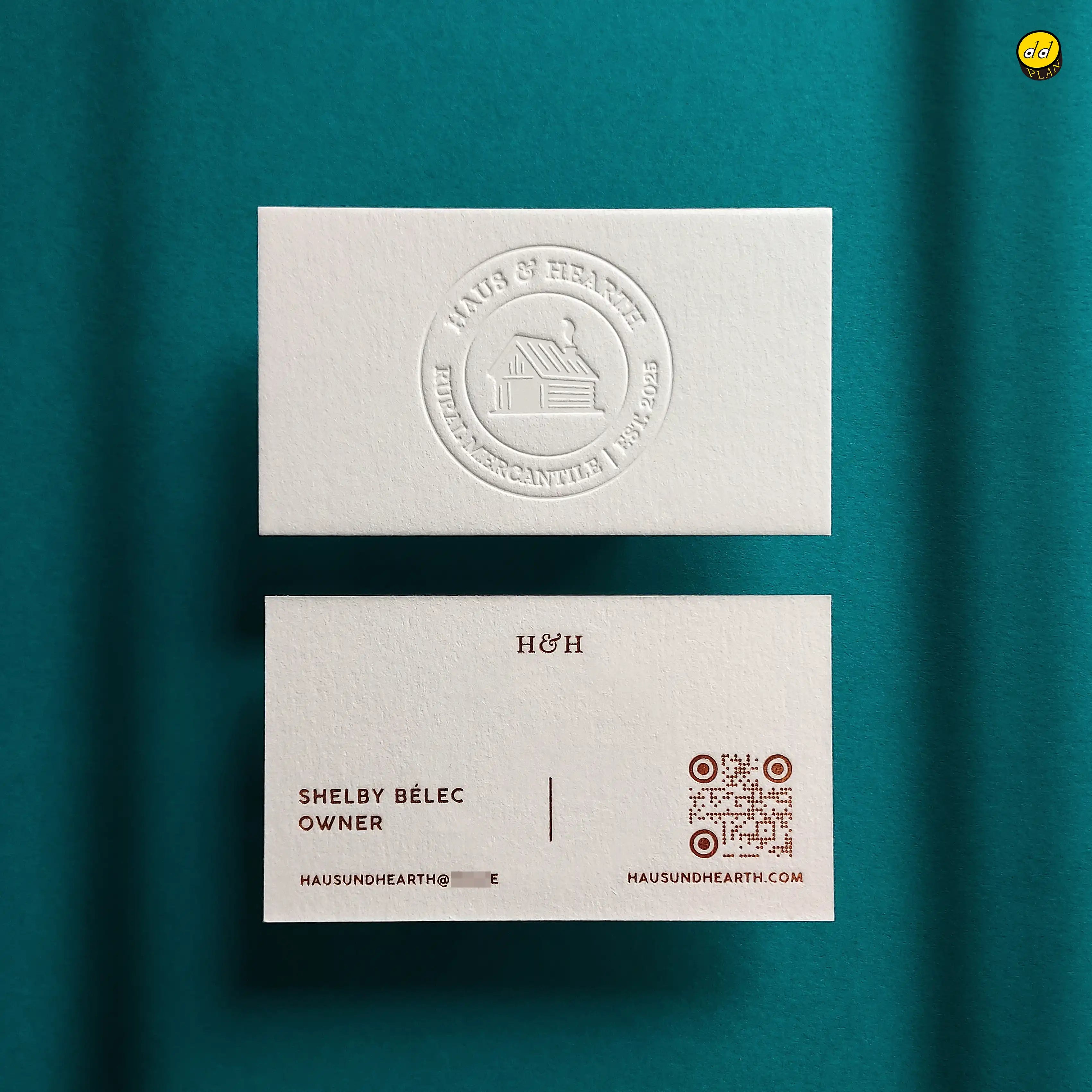 Order debossed cotton business cards - luxury detail, copper foil with Qr code print - oddplanprint