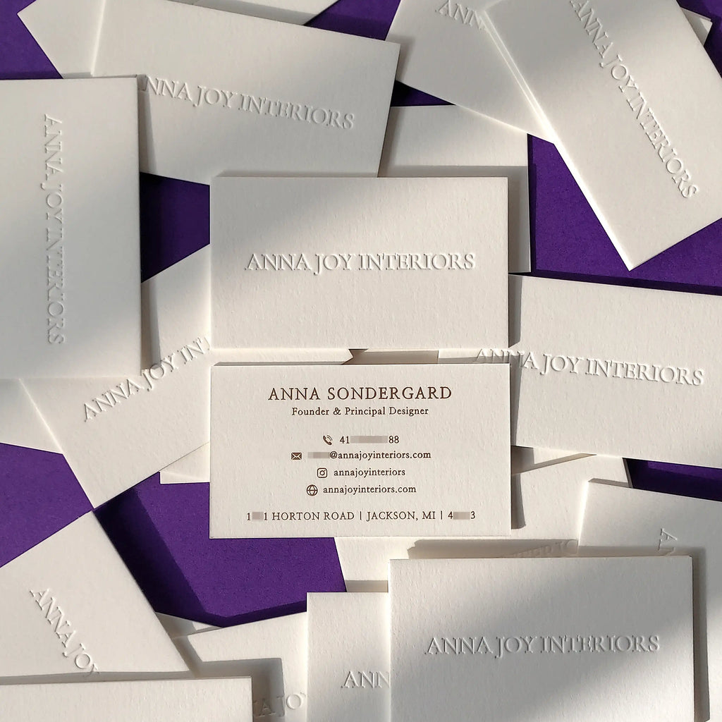 45pt cotton debossed business cards with gold foil on thick stock - OddPlanPrint