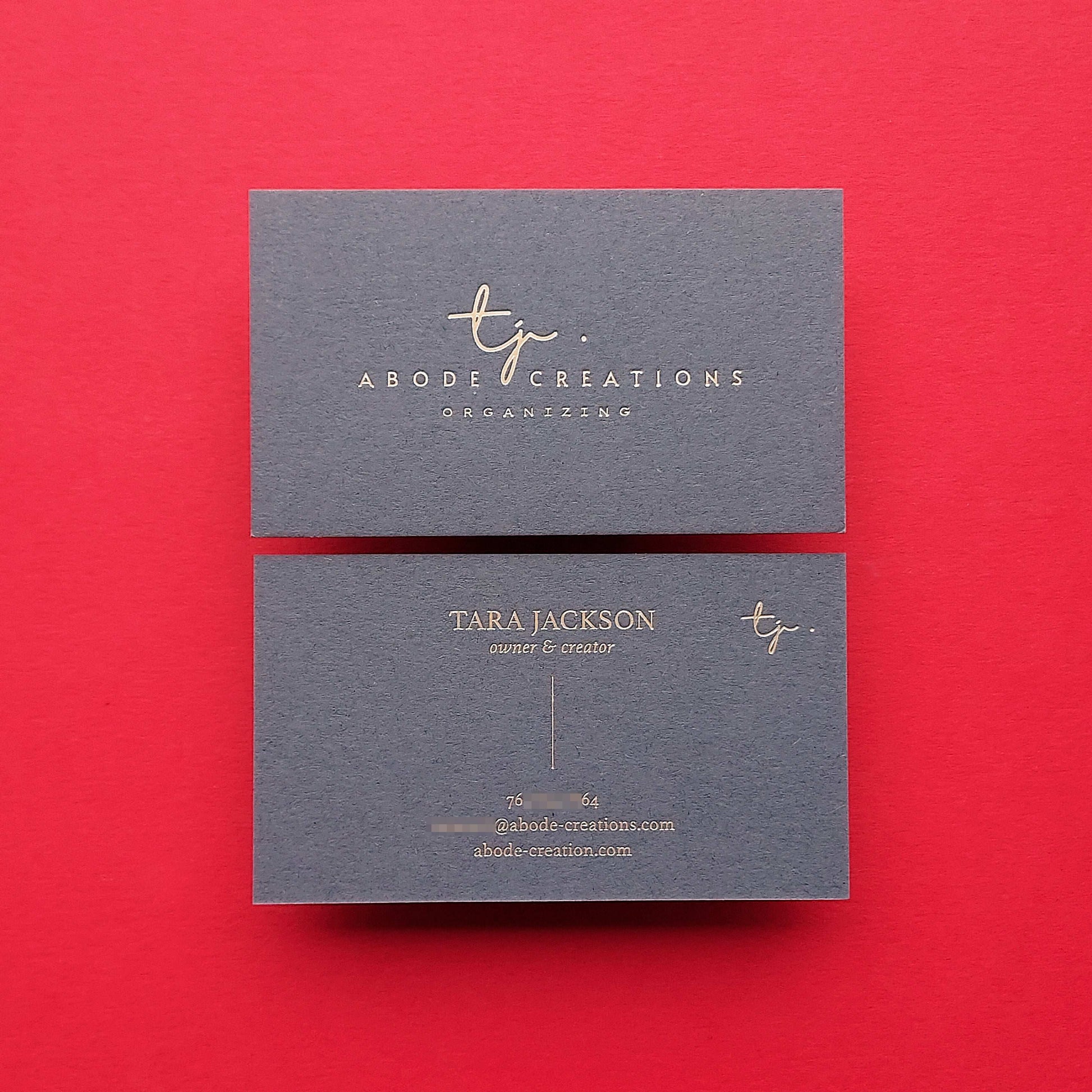 Blind deboss dark grey card with heavy texture for boutique professionals.