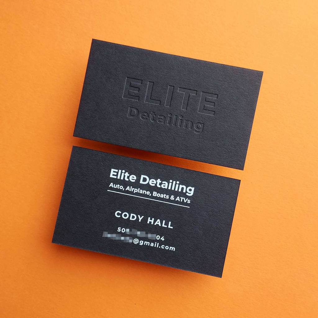 Custom debossed black card crafted with elegance and speed