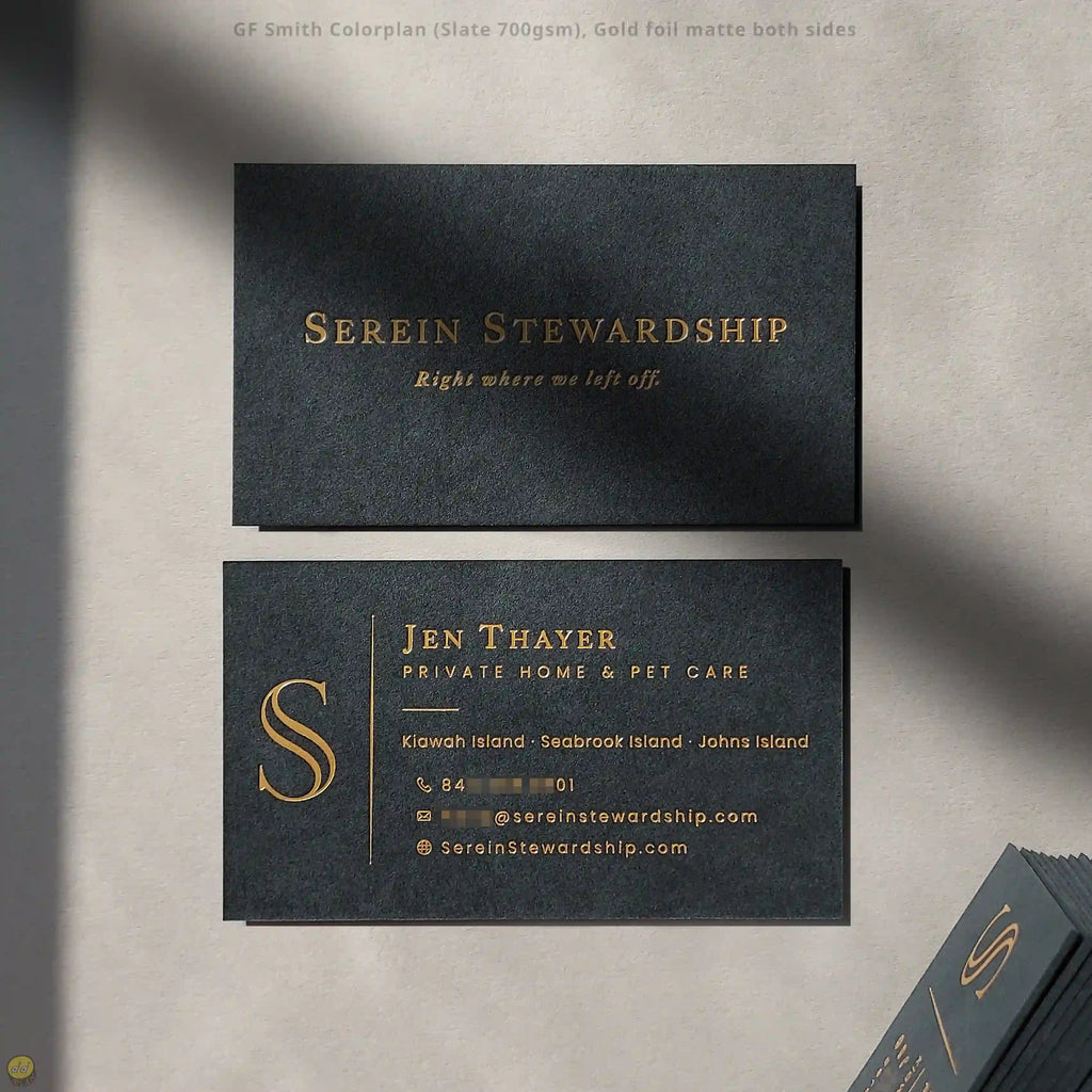 Colorplan Slate business cards use matte gold foil on both sides, crafted by OddPlanPrint.