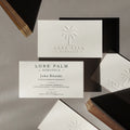 Gold painted edge cotton business cards 45pt with deboss and dark green pantone printing by OddPlanPrint.