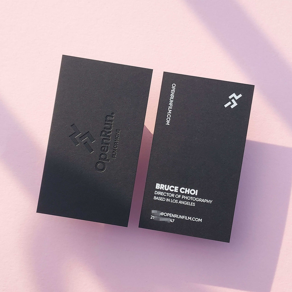 Black letterpress business card with rich texture and quick turnaround