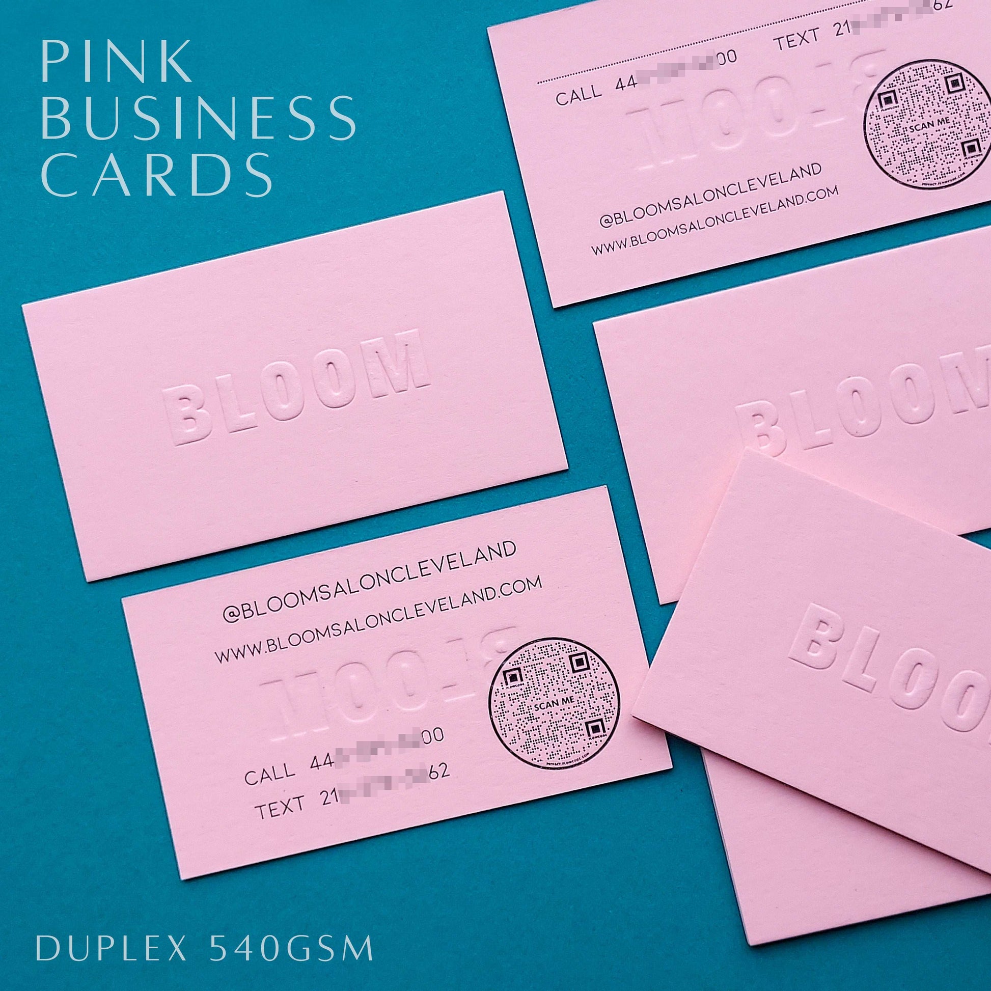Custom pink card for creatives with elegant letterpress.