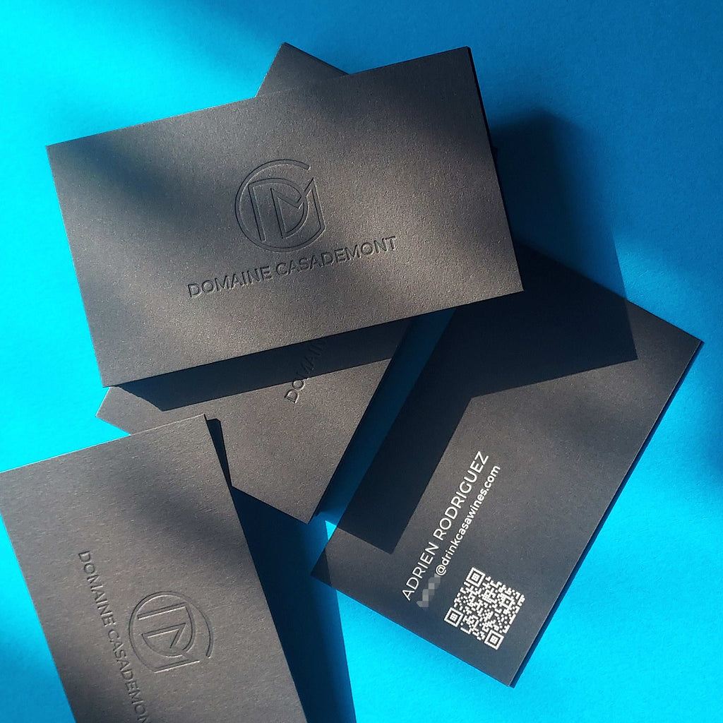 Fast-shipping black business card with handcrafted deboss detail