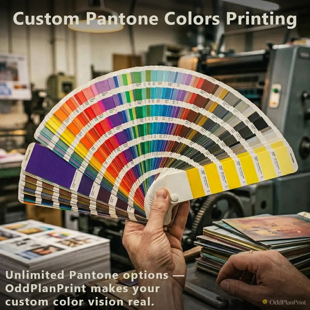 Pantone color palette examples from OddPlanPrint, with customizable selections beyond shown samples.