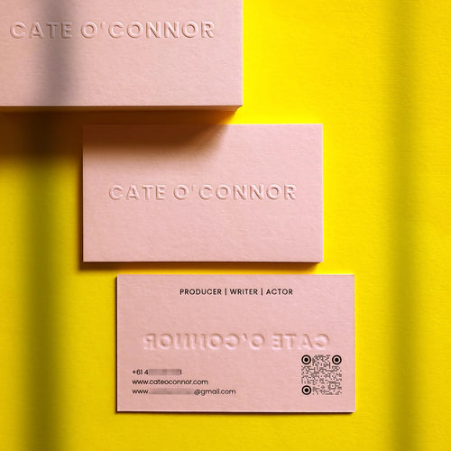 Order Luxury Pink Business Cards - heavy 30pt stock, embossed logo and glossy black foil - OddPlanPrint