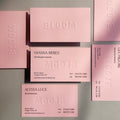 Pink business cards with blind emboss and glossy black foil on 540gsm stock by oddplanprint