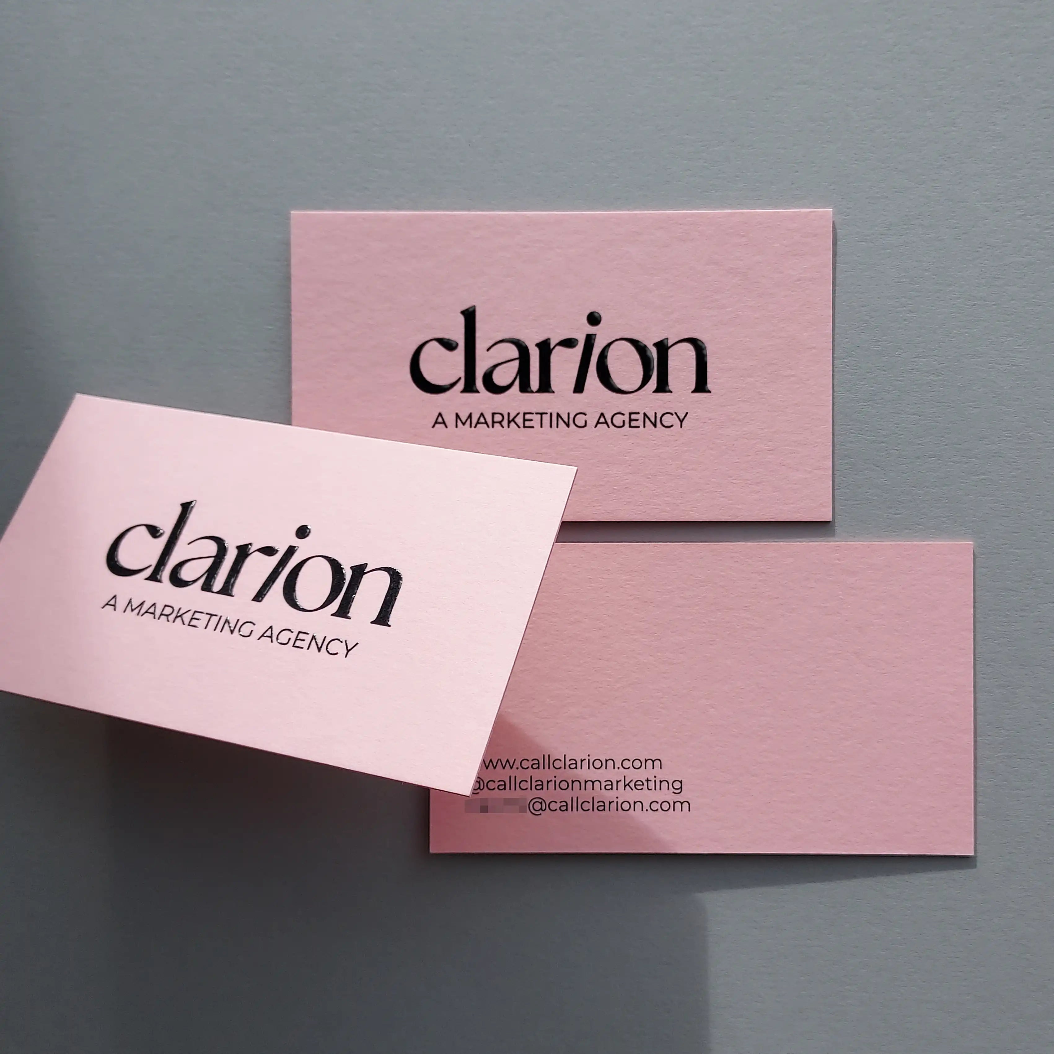 Pink business cards 30pt 540gsm with raised black ink you can feel produced by OddPlanPrint.