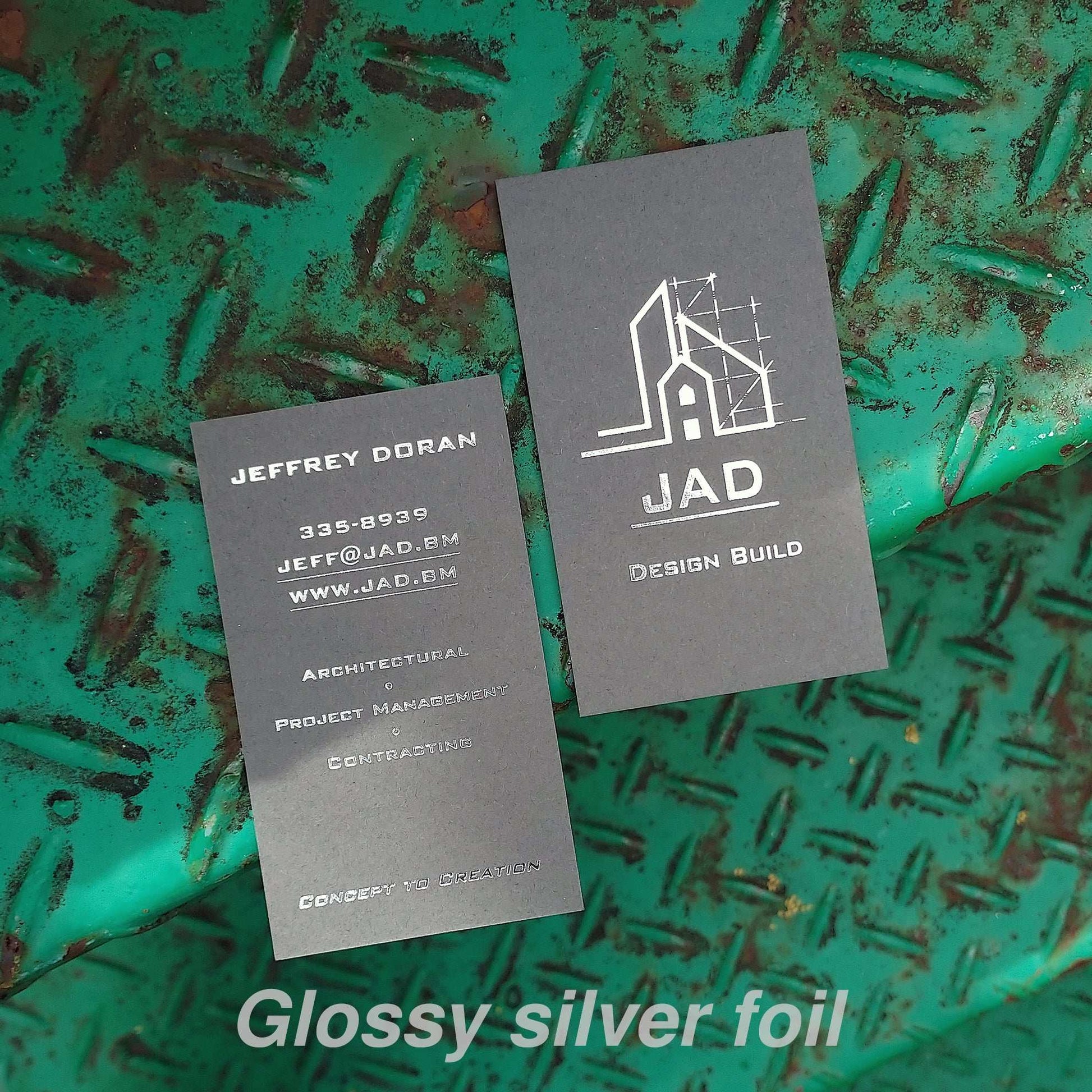Elegant foil-pressed dark grey card with thick weight for entrepreneurs.