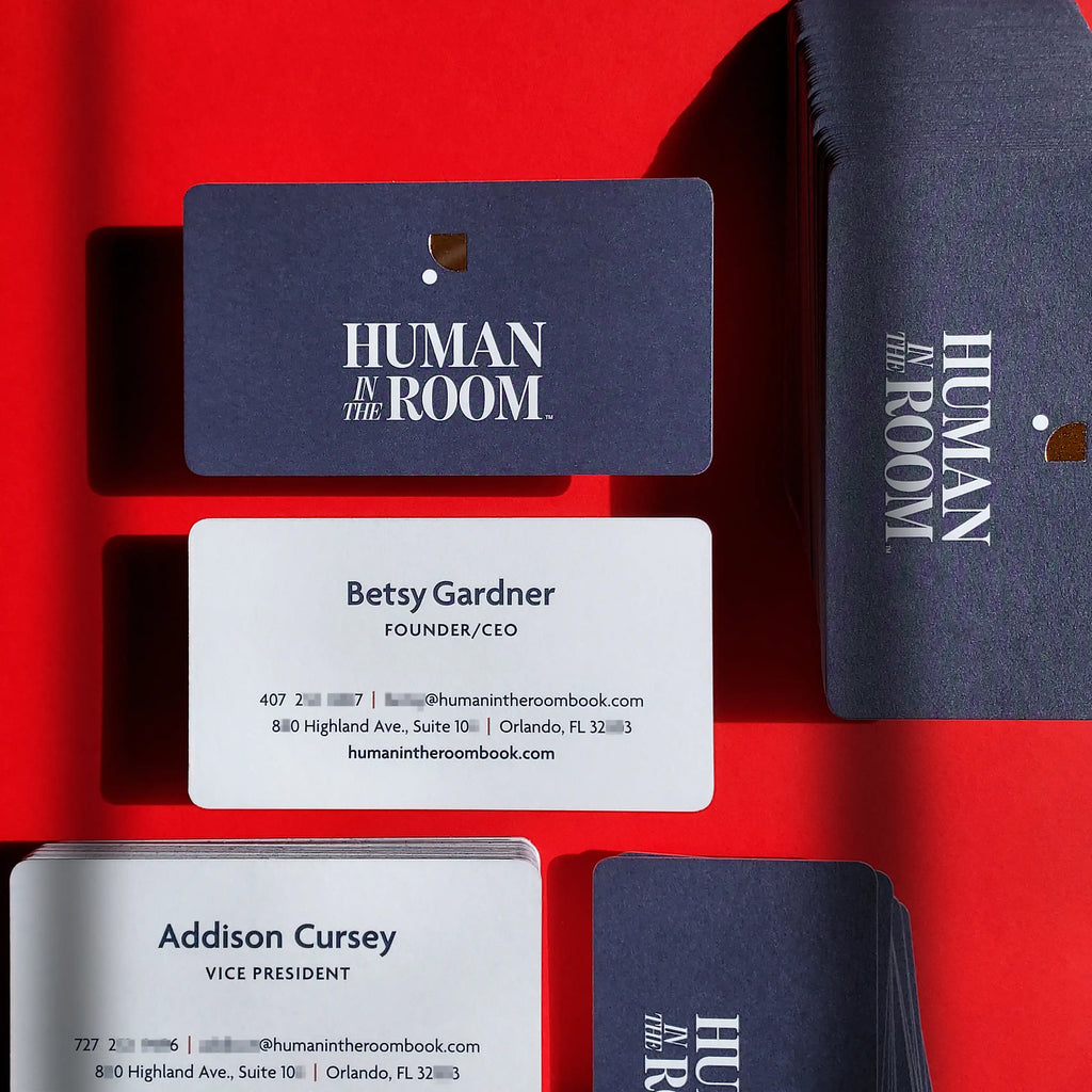 Luxury rounded corner business card by OddPlanPrint, with full color printing and rose gold foil.