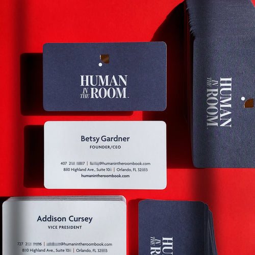 Luxury rounded corner business card by OddPlanPrint, with full color printing and rose gold foil.